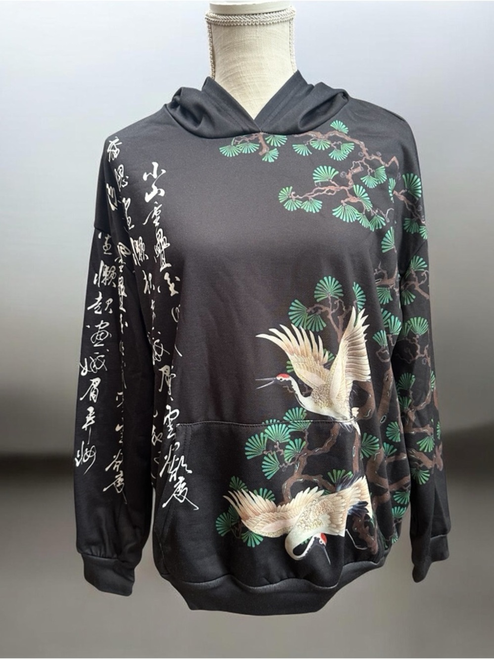 Romwe Sz SM hoodie sweatshirt front pouch cranes Japanese design NWT - Picture 2 of 9